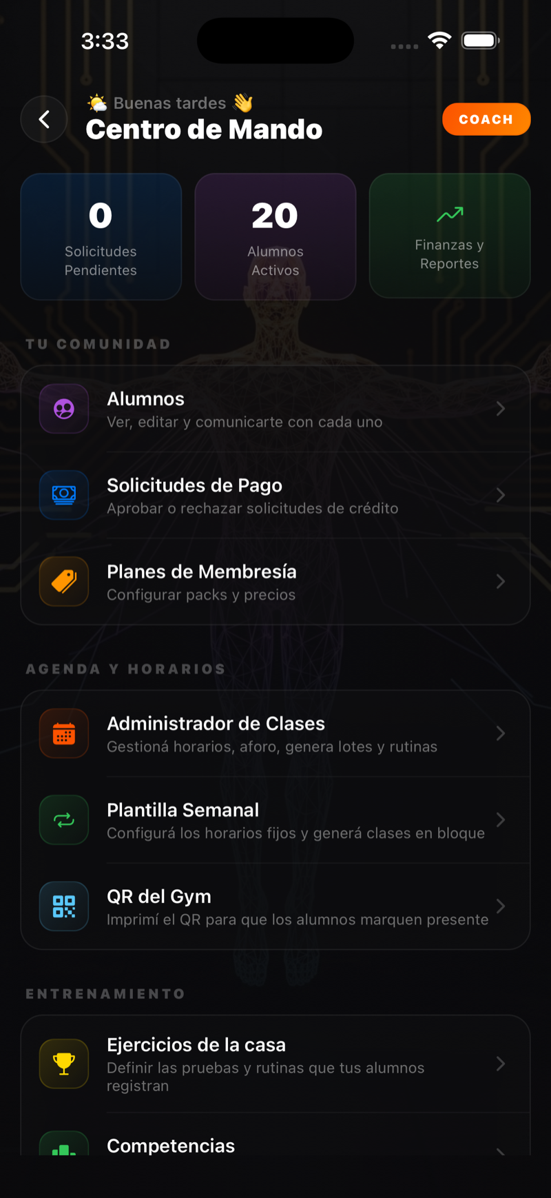 Centro de Mando del dueño con alumnos activos, solicitudes y finanzas