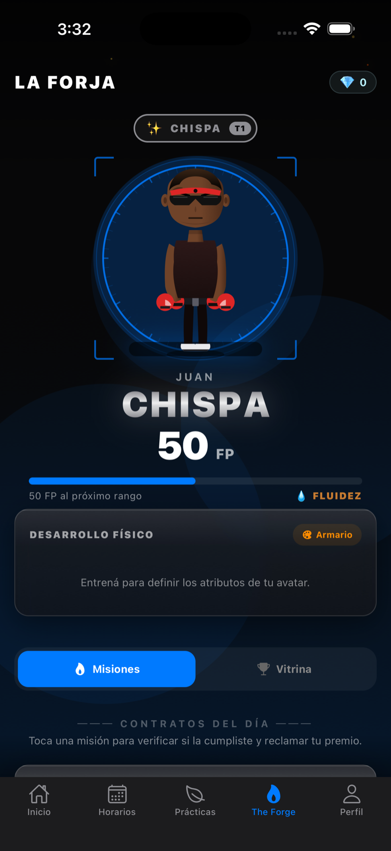 Pantalla de La Forja con el avatar del alumno, sus puntos, rango y misiones del día