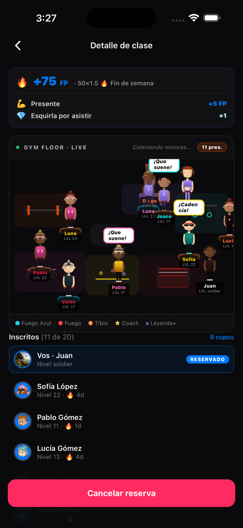 Lobby del turno con los avatares y niveles de los alumnos anotados a la clase