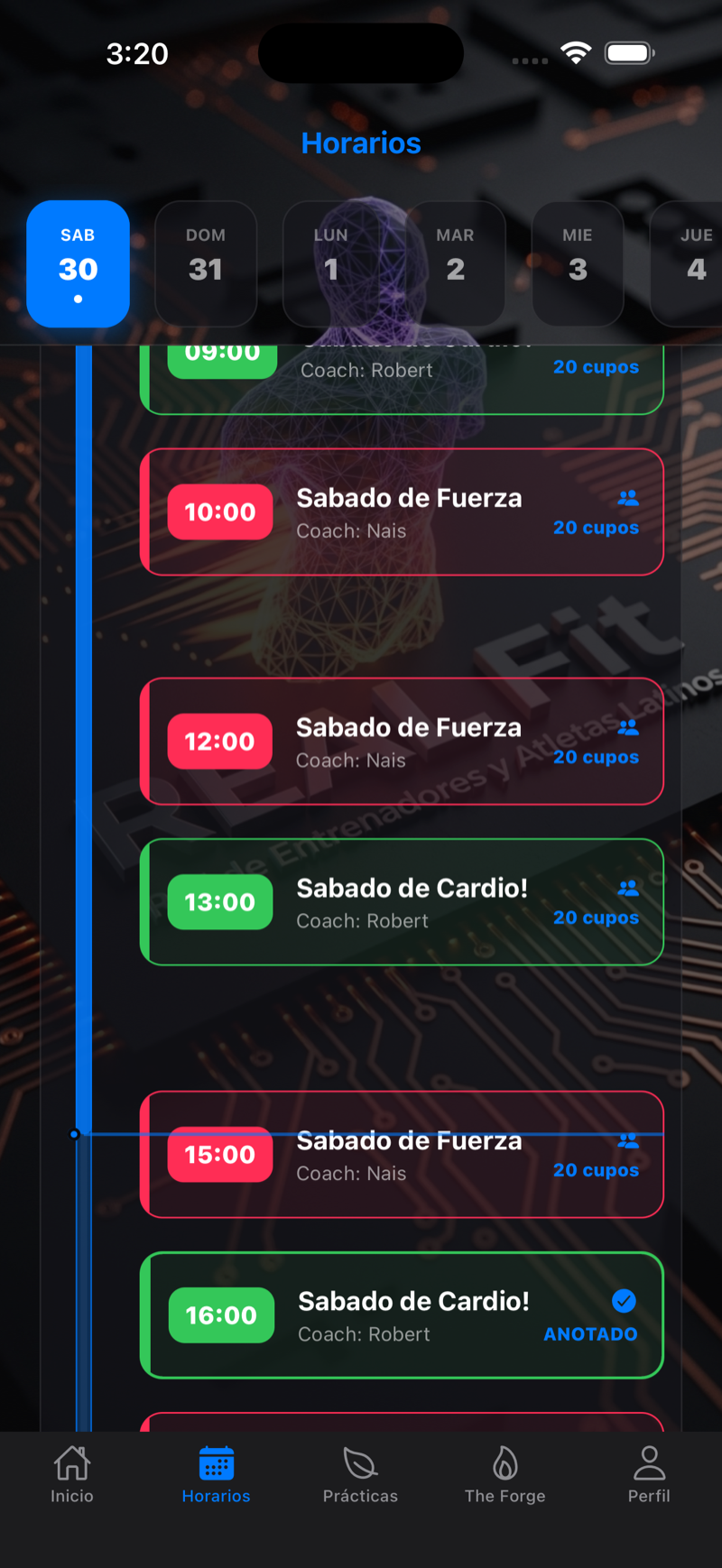 Horarios semanales con clases, coach y cupos disponibles para reservar