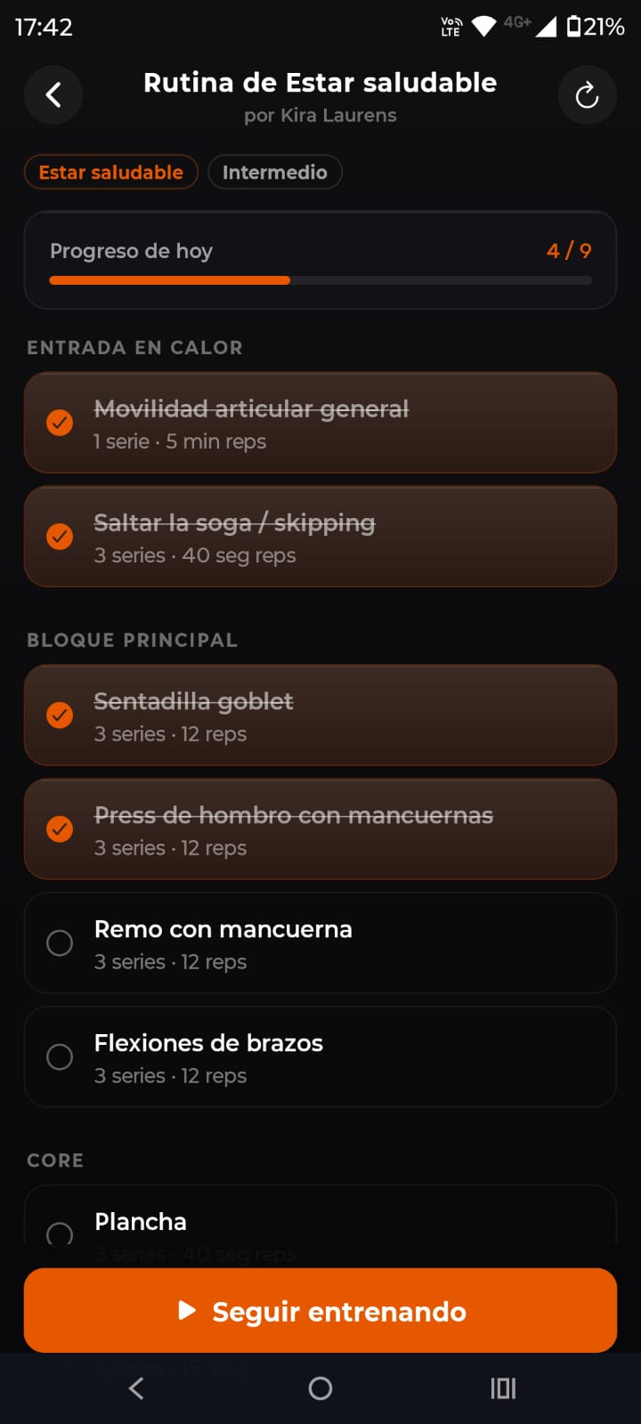 Pantalla de entrenamiento con seguimiento serie por serie y cronómetro